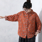 M-3XL コットン 花柄 長袖 エレガント ブラウス 3XL レッド