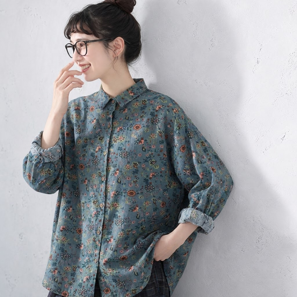 M-3XL コットン 花柄 長袖 エレガント ブラウス 3XL ブルー
