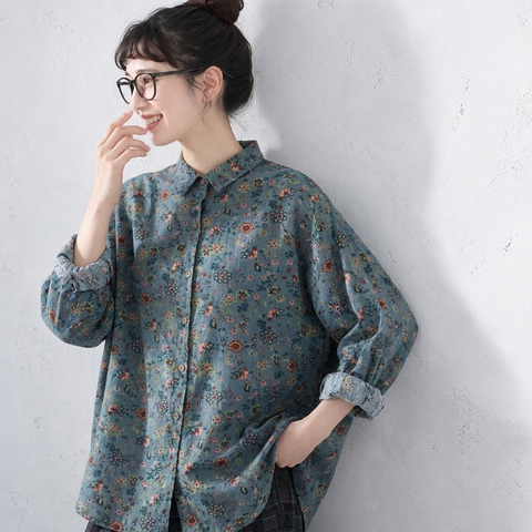 M-3XL コットン 花柄 長袖 エレガント ブラウス 3XL ブルー