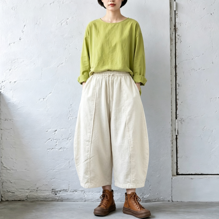 M-2XL ウエストゴム ドローコード 切り替えデザイン 九分丈 ワイドパンツ 2XL アイボリー