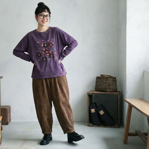 売り切れ必至 プリント 森ガール 長袖 ラウンドネック Tシャツ フリー パープル