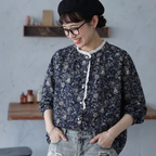 F 今季トレンド 花柄 レース 長袖 プリント シャツ フリー ネイビー