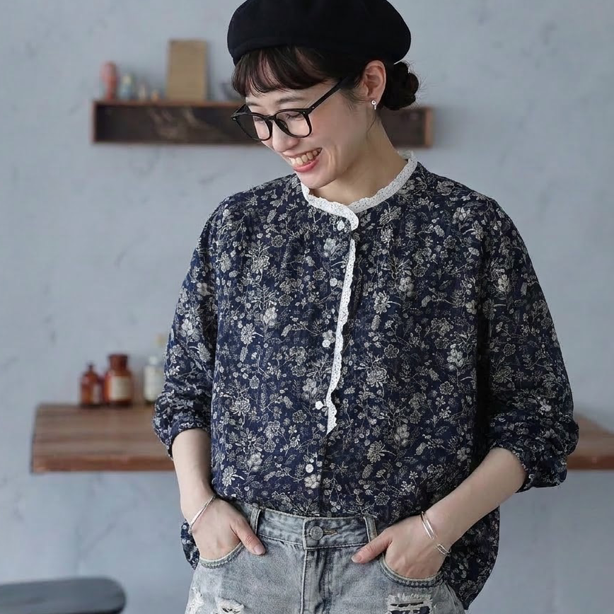 F 今季トレンド 花柄 レース 長袖 プリント シャツ フリー ネイビー