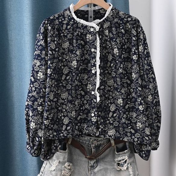 F 今季トレンド 花柄 レース 長袖 プリント シャツ フリー ネイビー