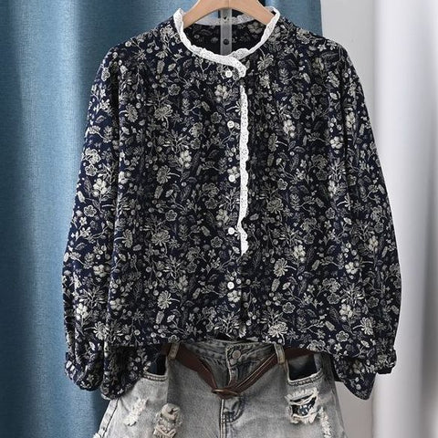 F 今季トレンド 花柄 レース 長袖 プリント シャツ フリー ネイビー