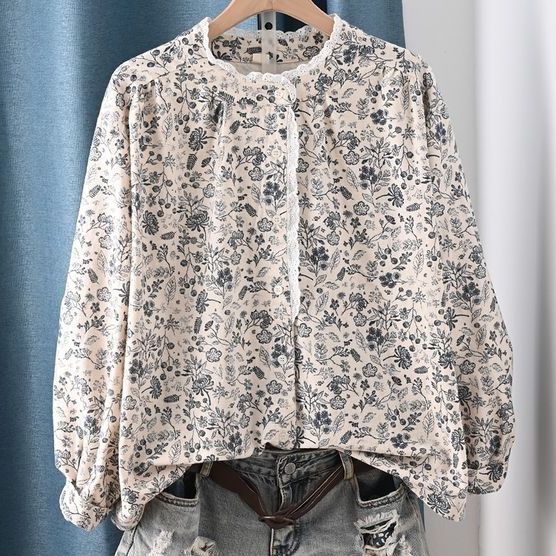 F 今季トレンド 花柄 レース 長袖 プリント シャツ フリー ネイビー