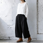 M-2XL ウエストゴム ドローコード 切り替えデザイン 九分丈 ワイドパンツ 2XL ブラック