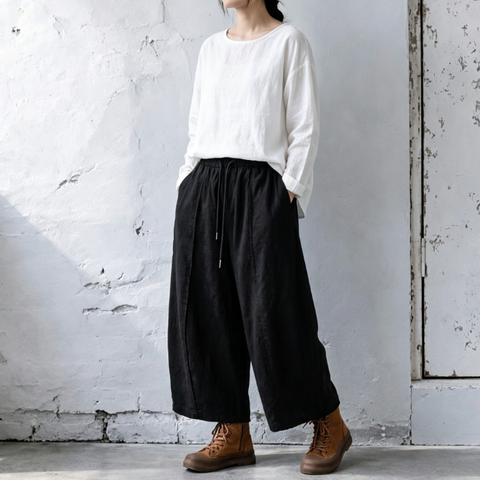 M-2XL ウエストゴム ドローコード 切り替えデザイン 九分丈 ワイドパンツ 2XL ブラック