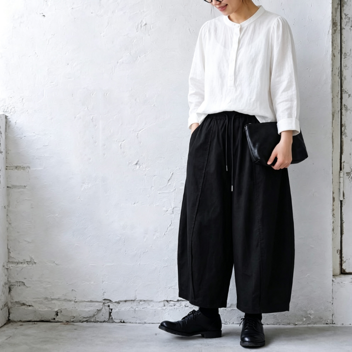 M-2XL ウエストゴム ドローコード 切り替えデザイン 九分丈 ワイドパンツ M ブラック