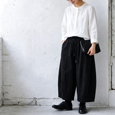 M-2XL ウエストゴム ドローコード 切り替えデザイン 九分丈 ワイドパンツ M ブラック