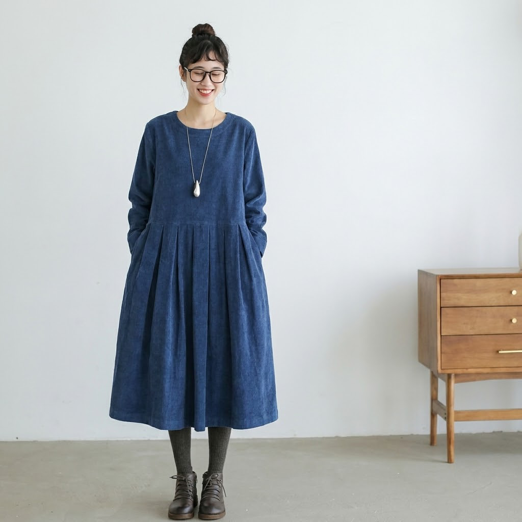 S-XL ラウンドネック シンプル Aライン 無地 長袖 ワンピース S ブルー