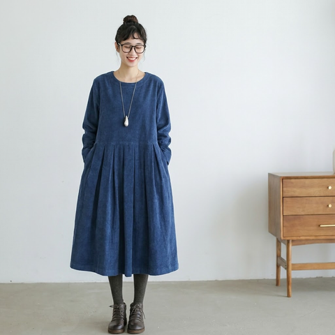 S-XL ラウンドネック シンプル Aライン 無地 長袖 ワンピース S ブルー