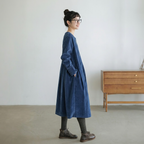 S-XL ラウンドネック シンプル Aライン 無地 長袖 ワンピース S ブルー