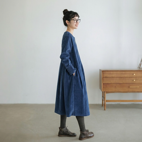 S-XL ラウンドネック シンプル Aライン 無地 長袖 ワンピース S ブルー