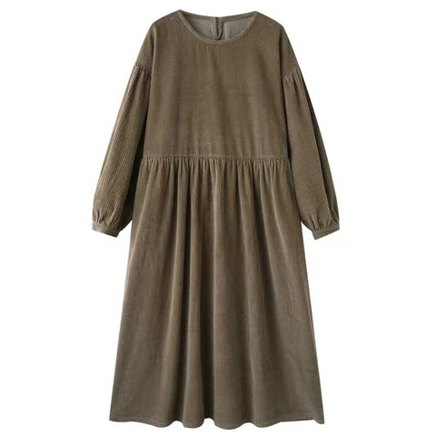 M-2XL 体型をカバー シンプル ランタンスリーブ 長袖 無地 カジュアルワンピース M ベージュ