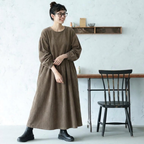M-2XL 体型をカバー シンプル ランタンスリーブ 長袖 無地 カジュアルワンピース M ベージュ