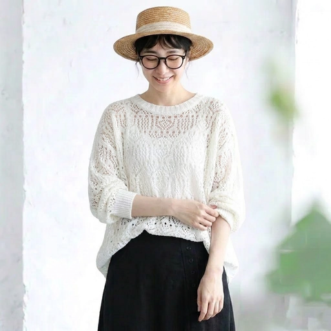 S-3XL カットワーク 無地 長袖 ラウンドネック シンプル ニットセーター S ベージュ