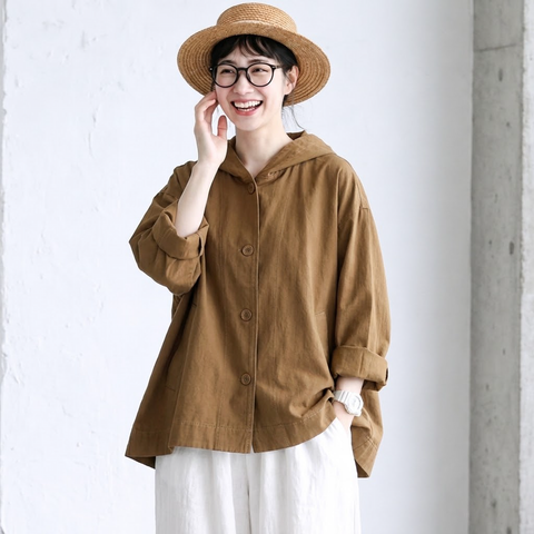 M-2XL コットン 無地 切り替え 落ち肩スリーブ 長袖 レトロ ジャケット M カーキ