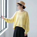 S-3XL カットワーク 無地 長袖 ラウンドネック シンプル ニットセーター 3XL イエロー