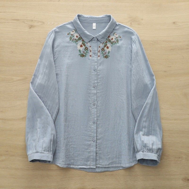 ML 着回し自在！ 無地 長袖 刺繍 花模様 清新 シャツ M ホワイト
