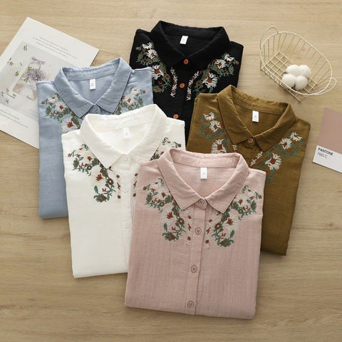 ML 着回し自在！ 無地 長袖 刺繍 花模様 清新 シャツ M ホワイト