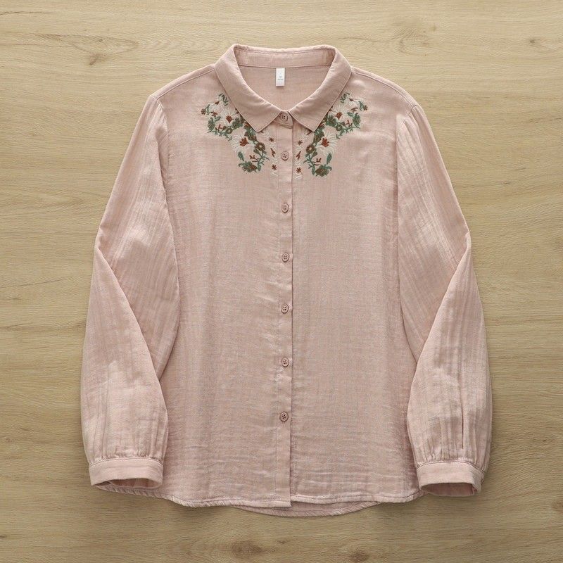 ML 着回し自在！ 無地 長袖 刺繍 花模様 清新 シャツ M ホワイト