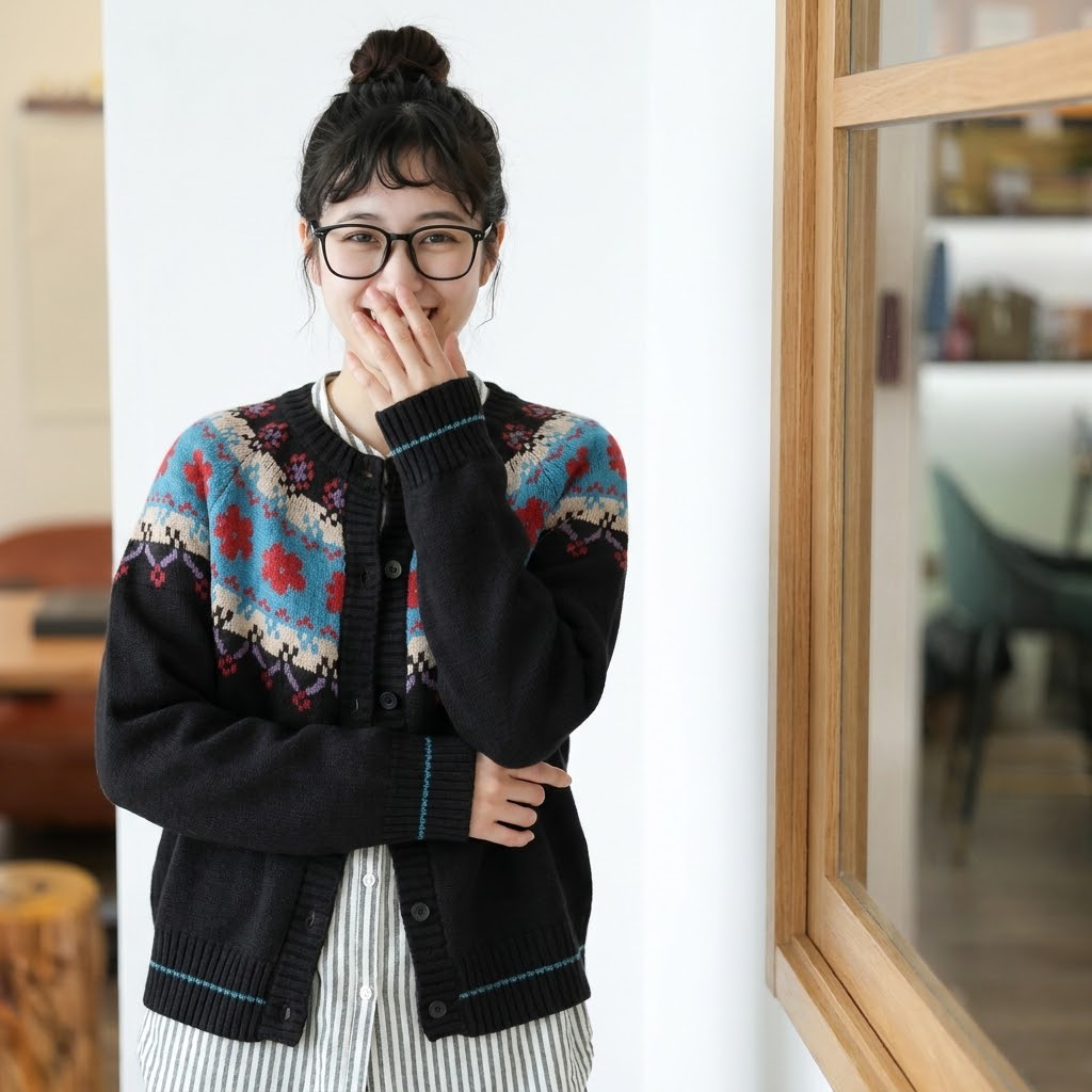 インスタで超人気 長袖 花模様 ラウンドネック カーディガン フリー ブラック