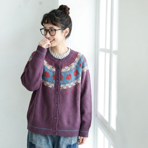 インスタで超人気 長袖 花模様 ラウンドネック カーディガン フリー パープル