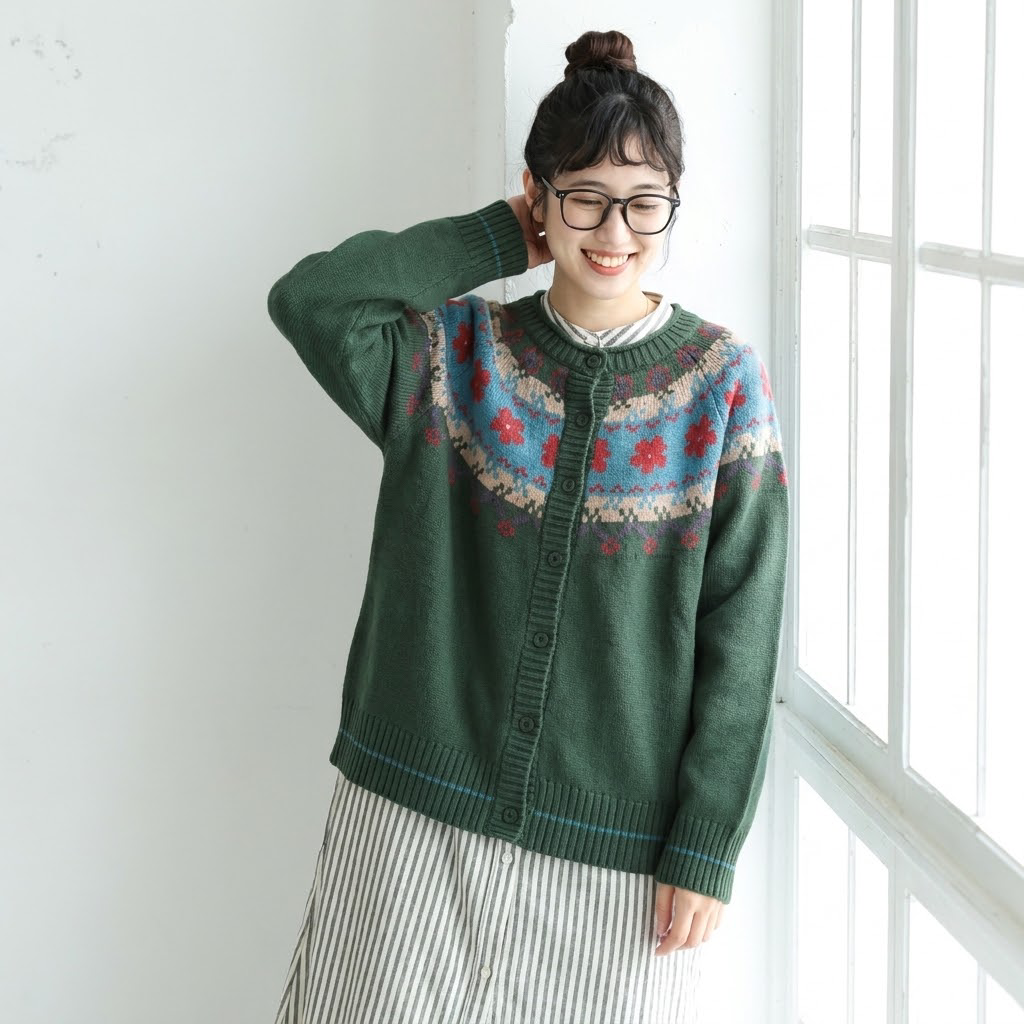 インスタで超人気 長袖 花模様 ラウンドネック カーディガン フリー パープル