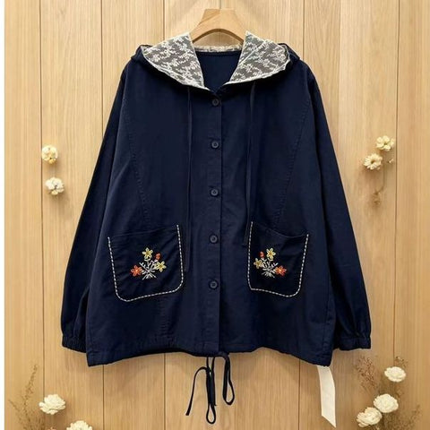 F 着回し力抜群 長袖 刺繍 花模様 植物 森ガール シャツ フリー ホワイト