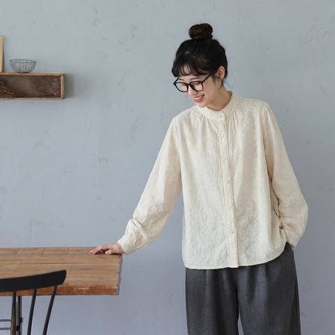 M-2XL 人気新品 長袖 無地 刺繍 スウィート スタンドネック シングルブレスト シャツ M アプリコット