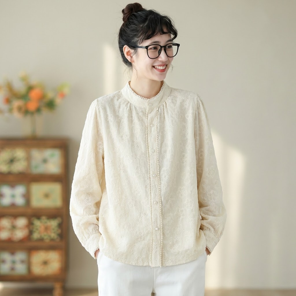 M-2XL 人気新品 長袖 無地 刺繍 スウィート スタンドネック シングルブレスト シャツ M アプリコット