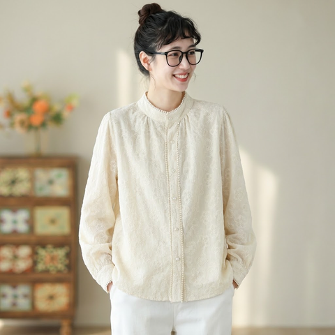 M-2XL 人気新品 長袖 無地 刺繍 スウィート スタンドネック シングルブレスト シャツ 2XL アプリコット
