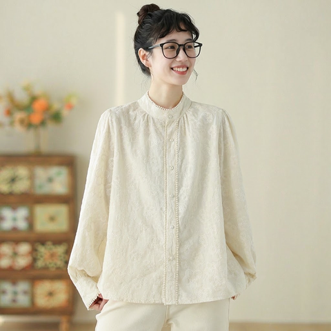 M-2XL 人気新品 長袖 無地 刺繍 スウィート スタンドネック シングルブレスト シャツ M アプリコット