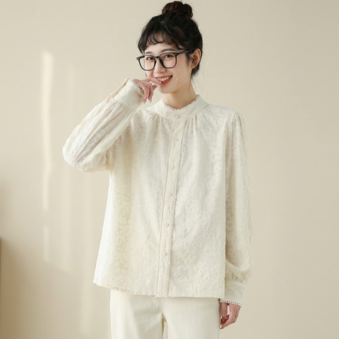 M-2XL 人気新品 長袖 無地 刺繍 スウィート スタンドネック シングルブレスト シャツ M アプリコット