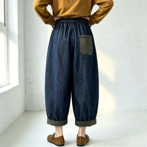 M-3XL 切り替え ポケット付き 無地 アンクル丈（9分丈） チェック柄 レトロ ジーンズ M ダークブルー