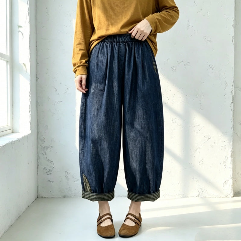M-3XL 切り替え ポケット付き 無地 アンクル丈（9分丈） チェック柄 レトロ ジーンズ M ダークブルー