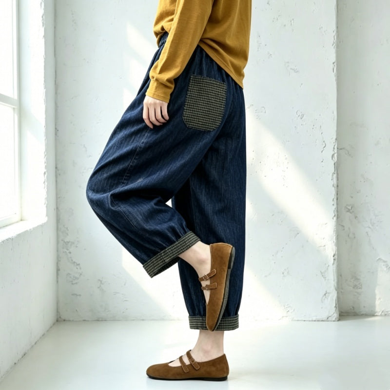M-3XL 切り替え ポケット付き 無地 アンクル丈（9分丈） チェック柄 レトロ ジーンズ M ダークブルー