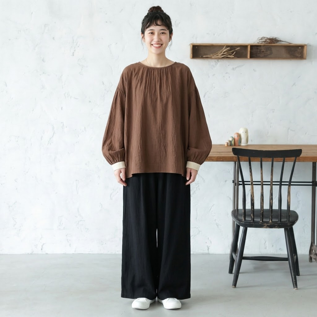 S-L好感度UP 切り替え 五分袖 トップス + ハイウエスト ロング丈 パンツ  2点セット S ブラウン/トップス + ブラック/パンツ【2点セット】