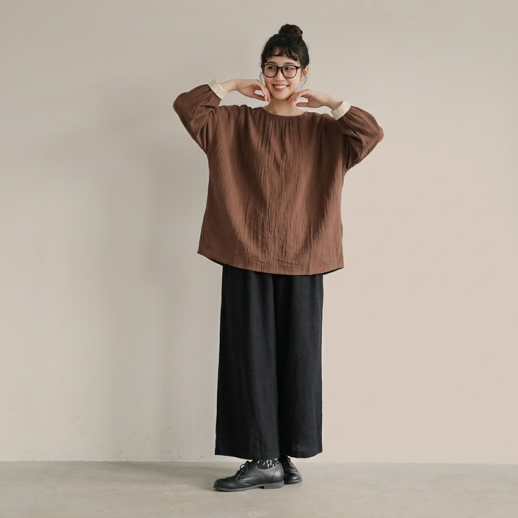 S-L好感度UP 切り替え 五分袖 トップス + ハイウエスト ロング丈 パンツ  2点セット S ブラウン/トップス + ブラック/パンツ【2点セット】