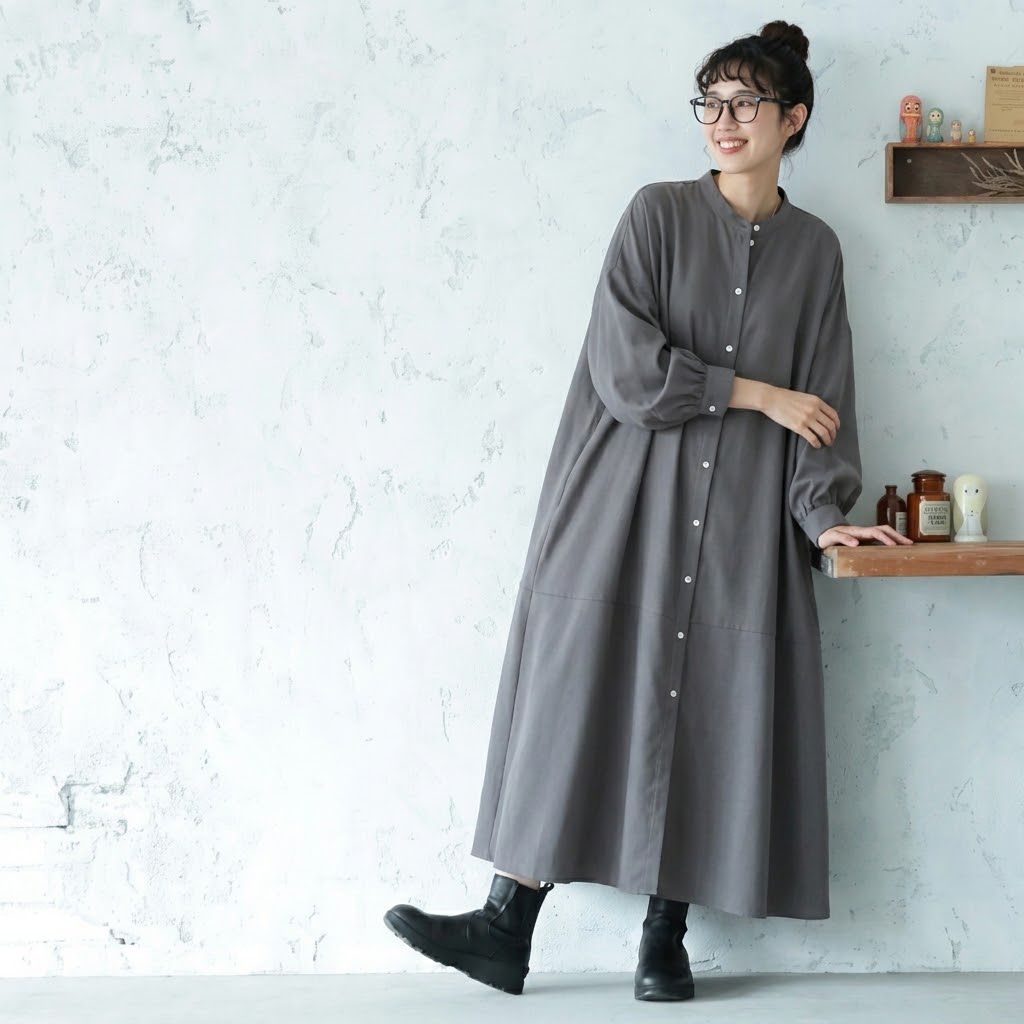 S-L シングルブレスト シンプル スリム効果 長袖 スタンドネック Aライン ワンピース L グレー