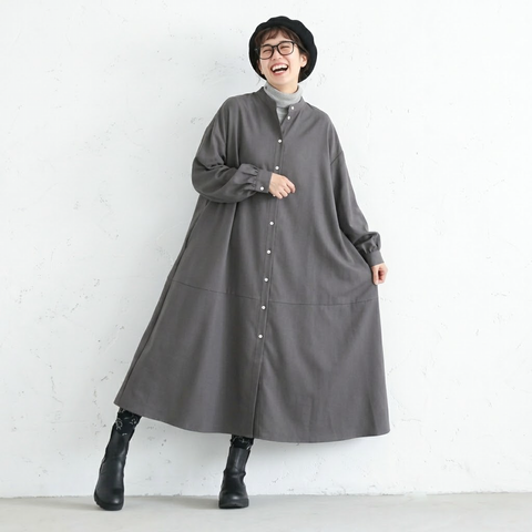S-L シングルブレスト シンプル スリム効果 長袖 スタンドネック Aライン ワンピース S グレー