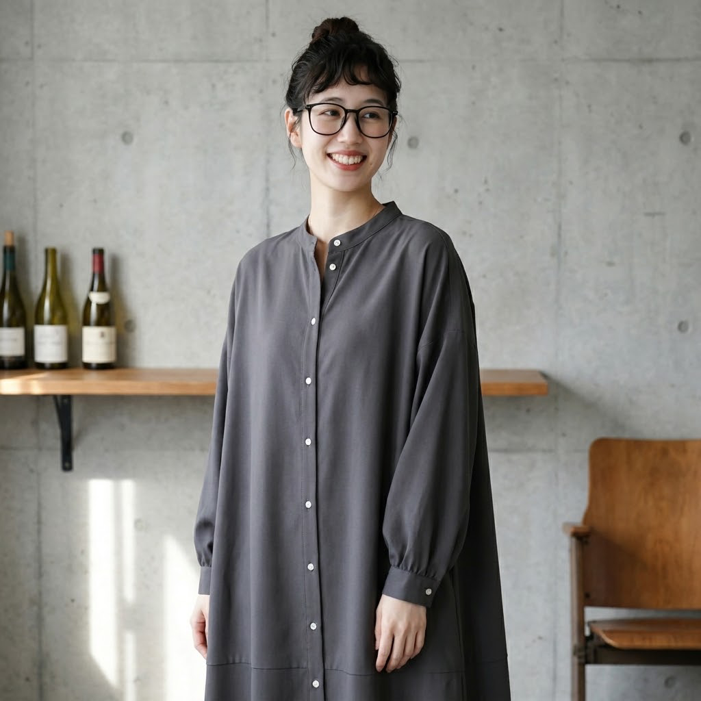 S-L シングルブレスト シンプル スリム効果 長袖 スタンドネック Aライン ワンピース S グレー