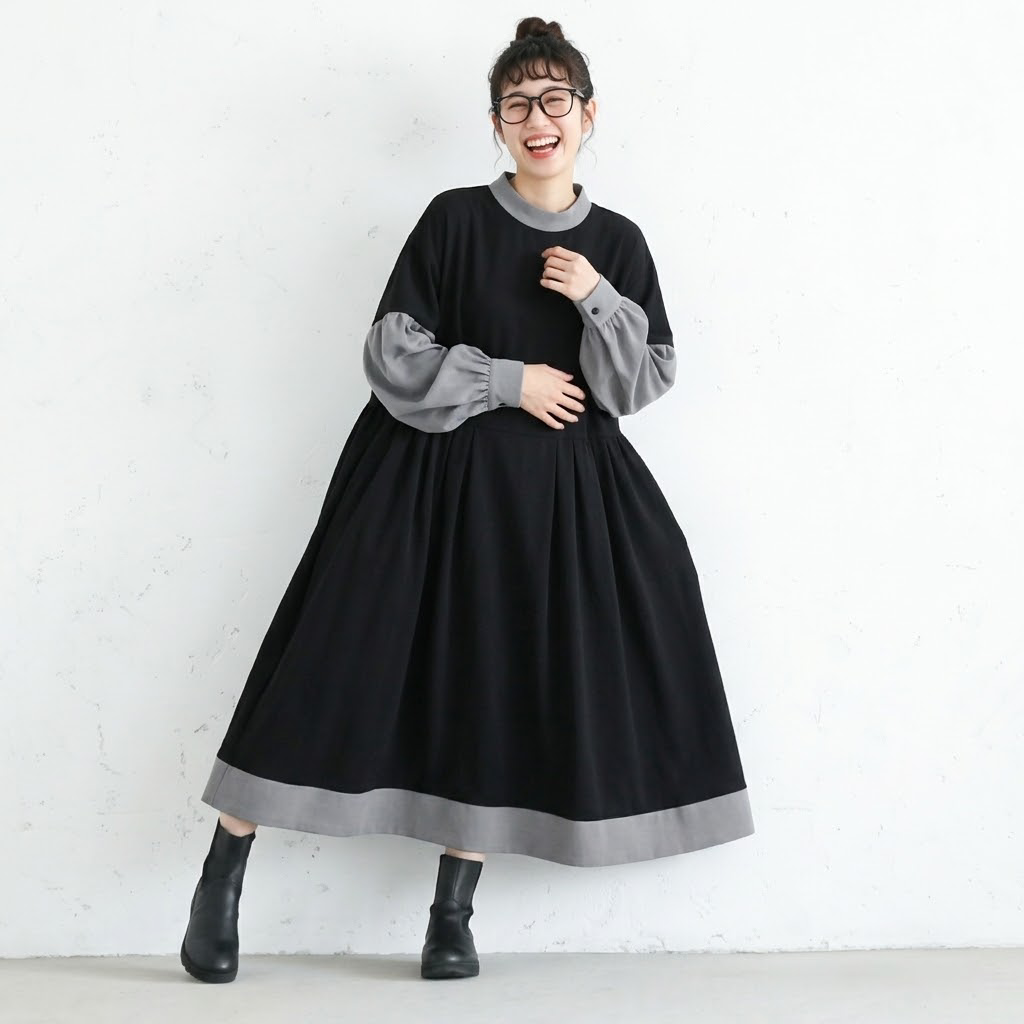 S-Lトレンドを先取り♪ 配色 長袖 Aライン 切り替え カジュアル ワンピース S ブラック