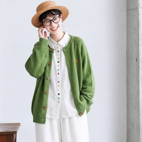 S-2XL 無地 ボタン 刺繍 長袖 カジュアル カーディガン S ホワイト
