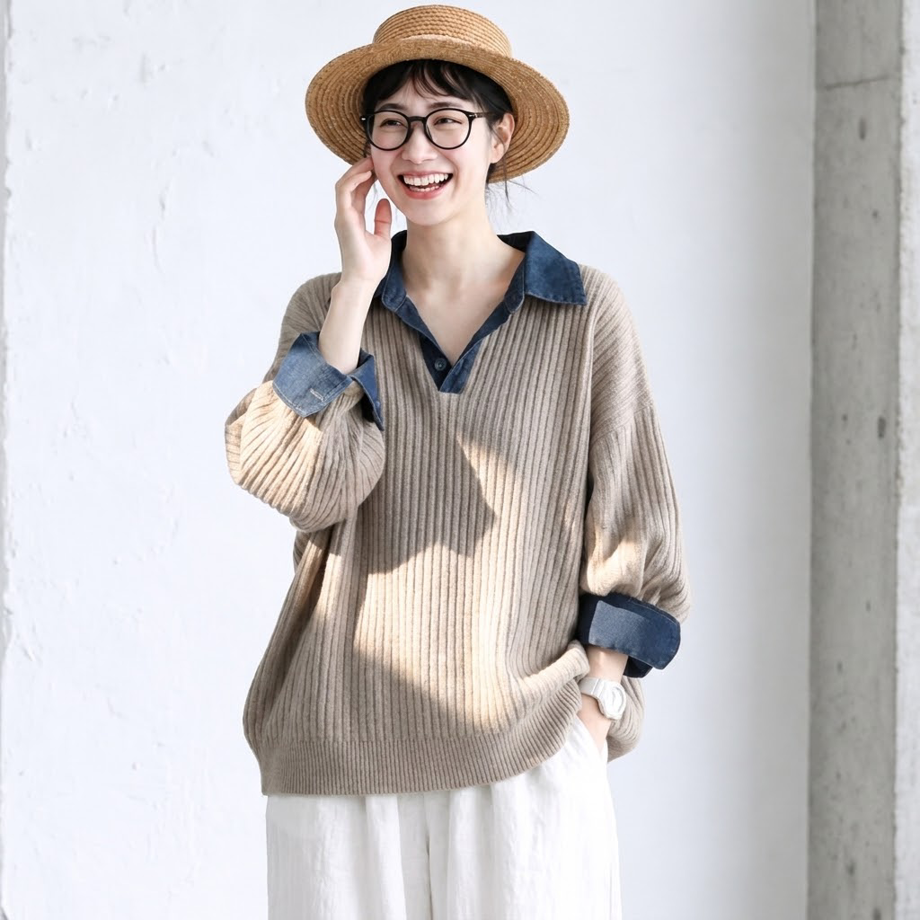 S-XL 配色 ノーマルスリーブ シンプル ニットセーター S ライトグレー