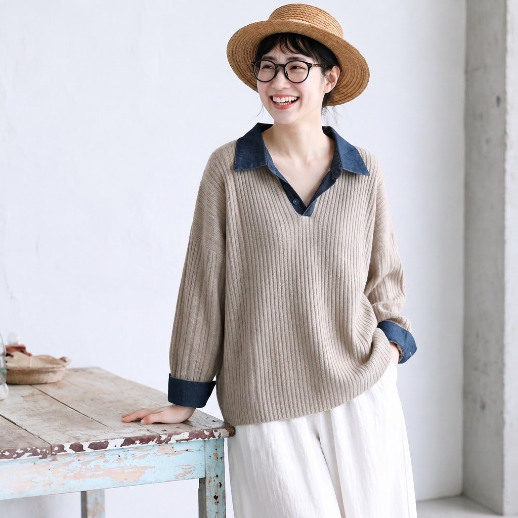 S-XL 配色 ノーマルスリーブ シンプル ニットセーター S ライトグレー