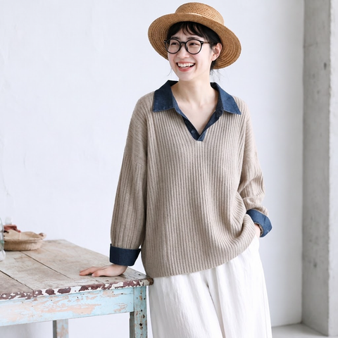 S-XL 配色 ノーマルスリーブ シンプル ニットセーター S ライトグレー