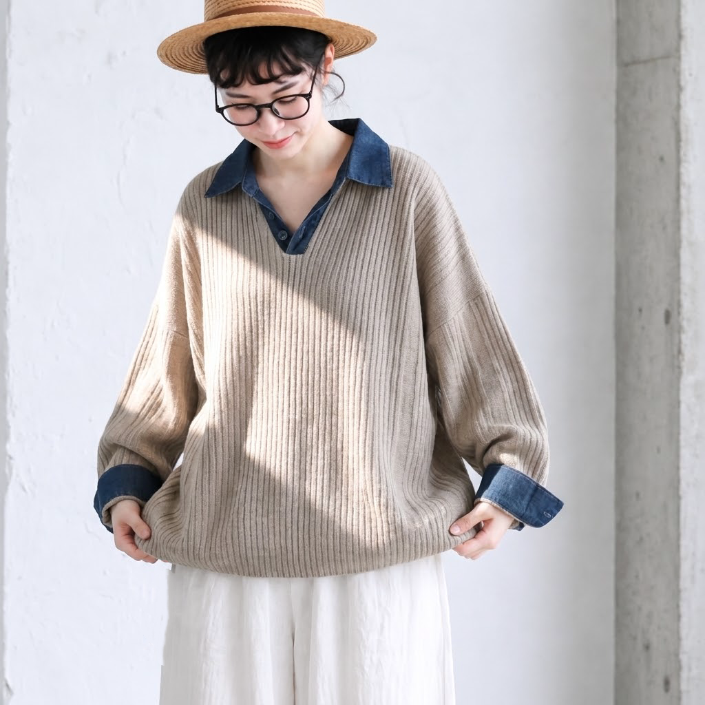 S-XL 配色 ノーマルスリーブ シンプル ニットセーター S ライトグレー
