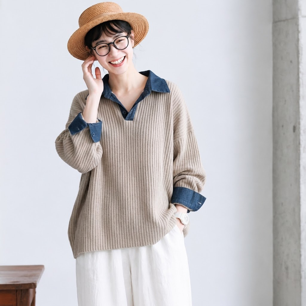 S-XL 配色 ノーマルスリーブ シンプル ニットセーター S ライトグレー